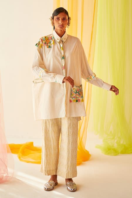 Priyanka Singh White Cotton Sequins, Thread Work Straight Collar Embroidered Shirt And Pant Set 