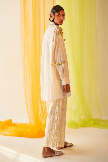 Shop Priyanka Singh White Cotton Sequins, Thread Work Straight Collar Embroidered Shirt And Pant Set at Aza Fashions Shop_Priyanka Singh_White Cotton Sequins, Thread Work Straight Collar Embroidered Shirt And Pant Set _at_Aza_Fashions