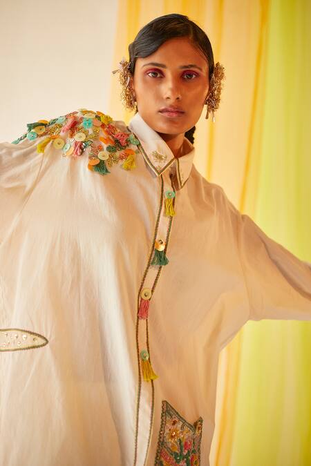 Priyanka Singh White Cotton Sequins, Thread Work Straight Collar Embroidered Shirt And Pant Set Online at Aza Fashions Priyanka Singh_White Cotton Sequins, Thread Work Straight Collar Embroidered Shirt And Pant Set _Online_at_Aza_Fashions