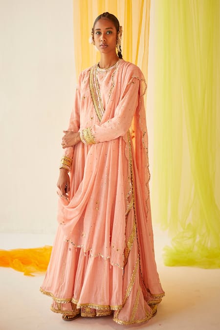 Priyanka Singh_Peach Mul Silk Gota Work, Mukaish Work, Sequins, Zardozi Angrakha Sharara Set_Online_at_Aza_Fashions