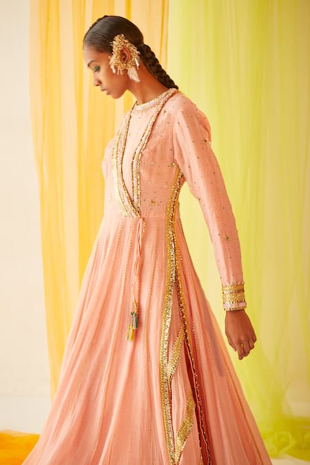 Buy_Priyanka Singh_Peach Mul Silk Gota Work, Mukaish Work, Sequins, Zardozi Angrakha Sharara Set_Online_at_Aza_Fashions