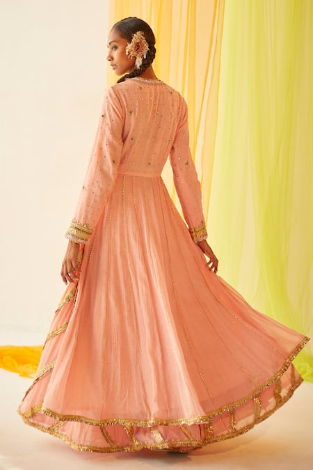 Shop_Priyanka Singh_Peach Mul Silk Gota Work, Mukaish Work, Sequins, Zardozi Angrakha Sharara Set_Online_at_Aza_Fashions