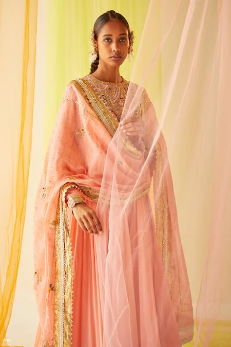 Priyanka Singh_Peach Mul Silk Gota Work, Mukaish Work, Sequins, Zardozi Angrakha Sharara Set_at_Aza_Fashions