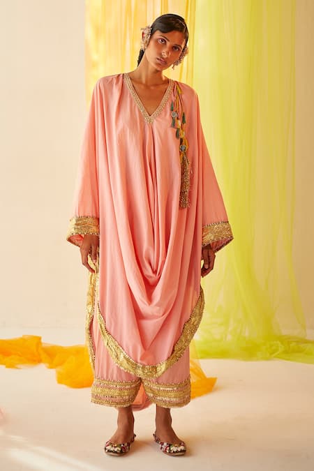 Priyanka Singh Peach Cotton Mirror , Sequins, Thread Embroidered Cowl Kurta And Pant Set 