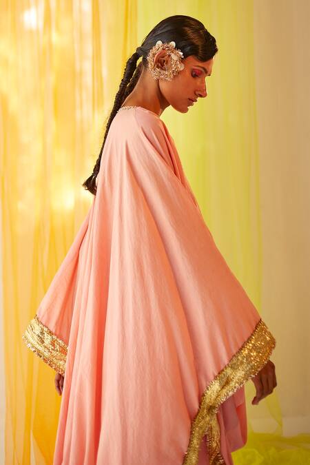Priyanka Singh_Peach Cotton Mirror , Sequins, Thread Embroidered Cowl Kurta And Pant Set _Online_at_Aza_Fashions