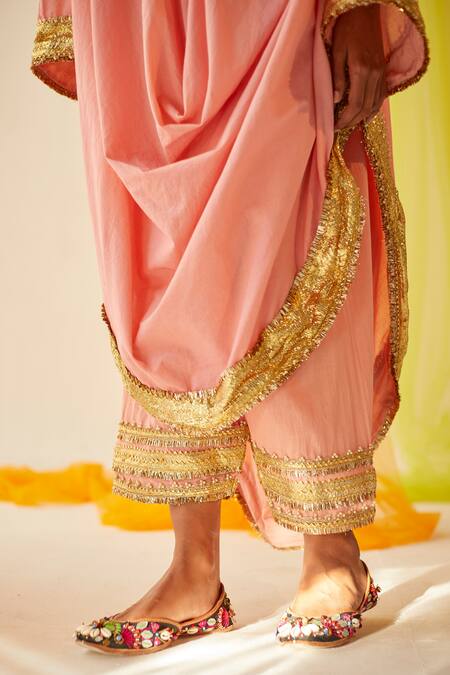 Buy_Priyanka Singh_Peach Cotton Mirror , Sequins, Thread Embroidered Cowl Kurta And Pant Set _Online_at_Aza_Fashions
