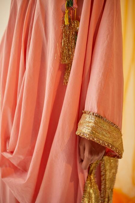 Shop_Priyanka Singh_Peach Cotton Mirror , Sequins, Thread Embroidered Cowl Kurta And Pant Set _Online_at_Aza_Fashions