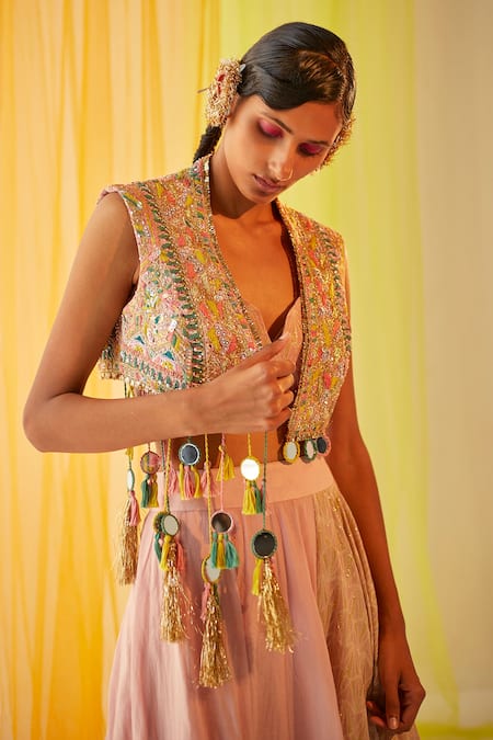 Buy_Priyanka Singh_Pink Cotton Mukaish , Sequins, Zardozi Embroidered Jacket Lehenga Set_Online_at_Aza_Fashions