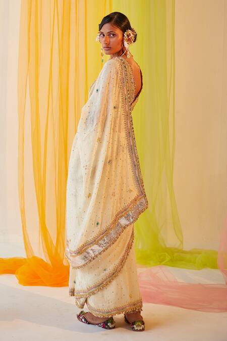 Shop_Priyanka Singh_White Cotton, Mul Silk Mukaish Work, Textured Embroidered Saree With Blouse _at_Aza_Fashions