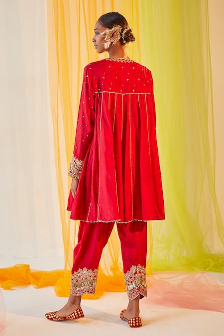 Shop Priyanka Singh Red Silk, Organza Sequins, Zardozi Work Round Notched Kurta Set at Aza Fashions Shop_Priyanka Singh_Red Silk, Organza Sequins, Zardozi Work Round Notched Kurta Set _at_Aza_Fashions