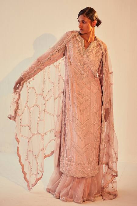 Priyanka Singh Pink Silk, Organza Mirror Work, Sequins, Zardozi Embroidered Kurta Lehenga Set Online at Aza Fashions Priyanka Singh_Pink Silk, Organza Mirror Work, Sequins, Zardozi Embroidered Kurta Lehenga Set _Online_at_Aza_Fashions