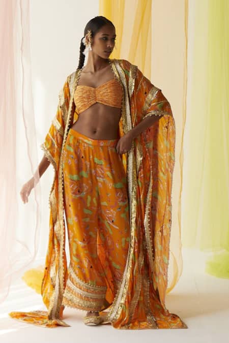 Priyanka Singh Orange Cotton, Crepe Floral, Gota Work, Sequins Sweetheart Print Cape Pant Set 