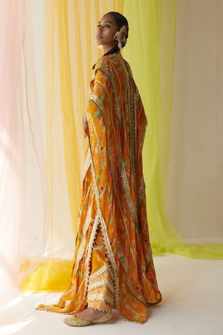 Shop_Priyanka Singh_Orange Cotton, Crepe Floral, Gota Work, Sequins Sweetheart Print Cape Pant Set _at_Aza_Fashions