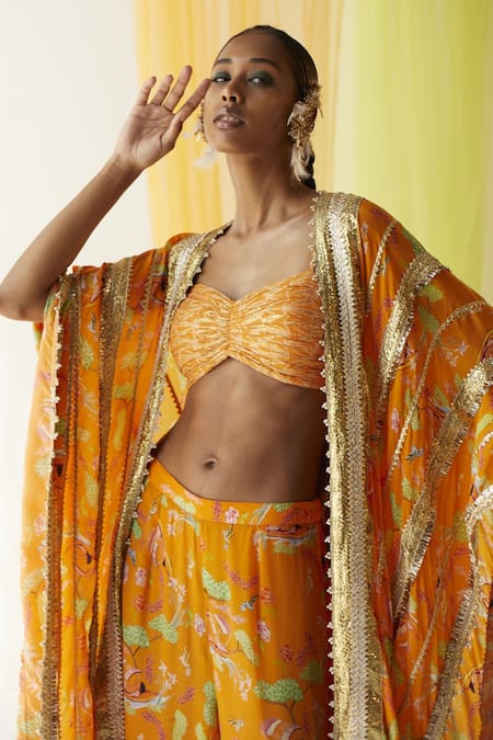 Buy_Priyanka Singh_Orange Cotton, Crepe Floral, Gota Work, Sequins Sweetheart Print Cape Pant Set _Online_at_Aza_Fashions