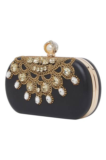 Buy_Richa Gupta_Black Embroidery Leather Clutch With Sling _Online_at_Aza_Fashions