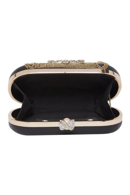 Richa Gupta_Black Embroidery Leather Clutch With Sling _at_Aza_Fashions