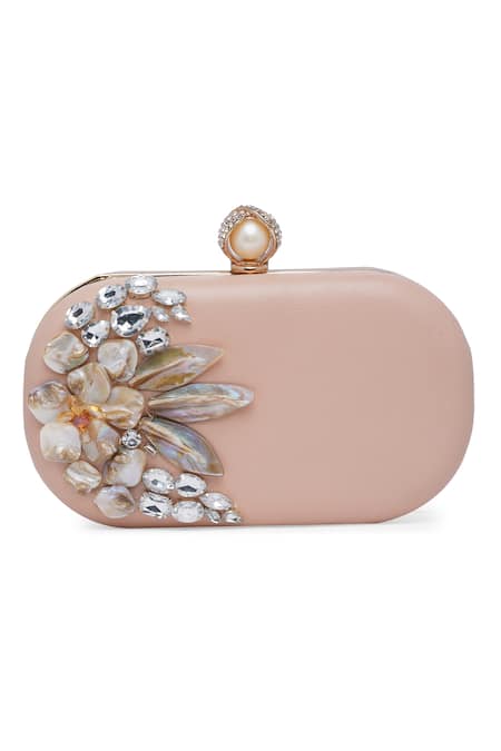 Richa Gupta Pink Embroidery Leather Clutch With Sling 