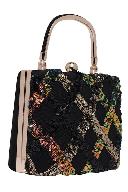 Richa Gupta_Black Sequins Embellished Suede Clutch_Online_at_Aza_Fashions