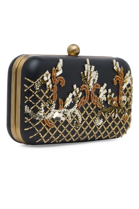 Richa Gupta_Black Embroidery, Sequins Leather Embellished Clutch With Sling _Online_at_Aza_Fashions
