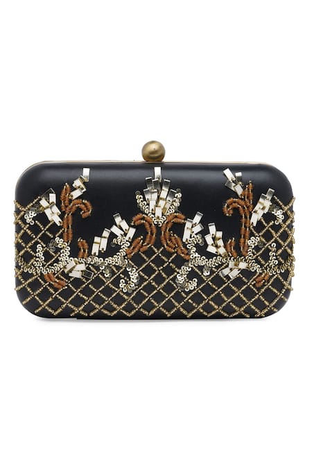 Buy_Richa Gupta_Black Embroidery, Sequins Leather Embellished Clutch With Sling _Online_at_Aza_Fashions