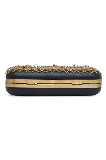 Shop_Richa Gupta_Black Embroidery, Sequins Leather Embellished Clutch With Sling _Online_at_Aza_Fashions