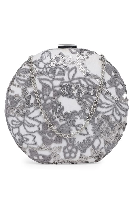 Richa Gupta White Embroidery Suede Sequin Embellished Clutch With Sling 