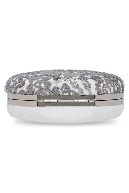 Shop_Richa Gupta_White Embroidery, Sequins Suede Embellished Clutch With Sling _Online_at_Aza_Fashions