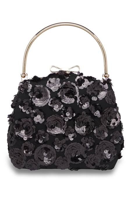 Richa Gupta_Black Embroidery Suede Sequin Embellished Clutch With Sling_Online_at_Aza_Fashions