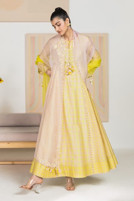 Madzin Green Cotton , Organza, Chanderi Geometric Print Anarkali Set 