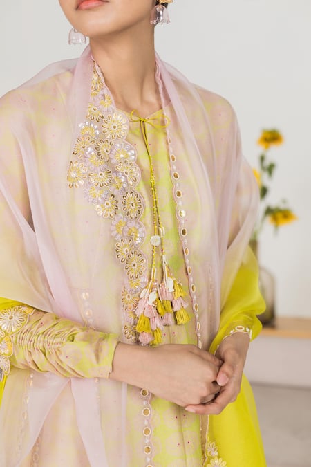 Shop Madzin Green Cotton , Organza, Chanderi Geometric Print Anarkali Set at Aza Fashions Shop_Madzin_Green Cotton , Organza, Chanderi Geometric Print Anarkali Set _at_Aza_Fashions