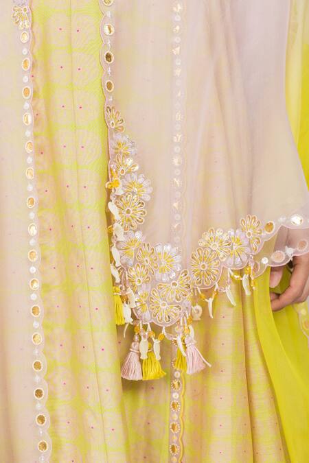 Shop Madzin Green Cotton , Organza, Chanderi Geometric Print Anarkali Set Online at Aza Fashions Shop_Madzin_Green Cotton , Organza, Chanderi Geometric Print Anarkali Set _Online_at_Aza_Fashions