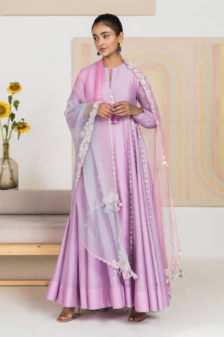 Madzin Purple Cotton , Organza, Chanderi Geometric Print Anarkali Set 