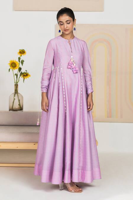 Madzin Purple Cotton , Organza, Chanderi Geometric Print Anarkali Set Online at Aza Fashions Madzin_Purple Cotton , Organza, Chanderi Geometric Print Anarkali Set _Online_at_Aza_Fashions