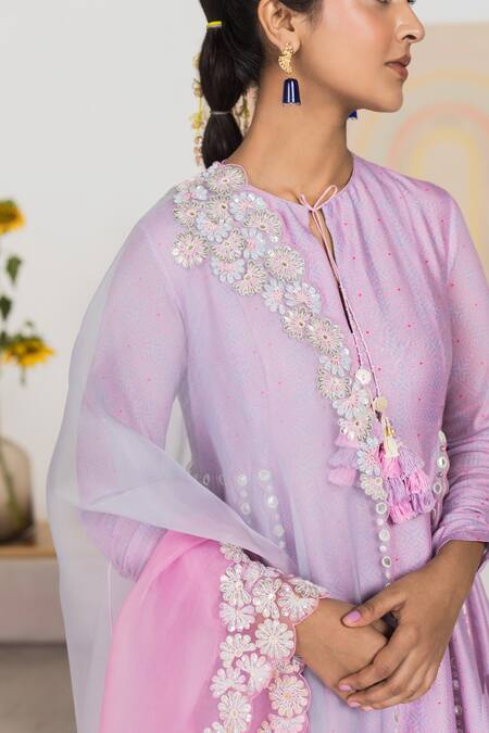 Shop Madzin Purple Cotton , Organza, Chanderi Geometric Print Anarkali Set Online at Aza Fashions Shop_Madzin_Purple Cotton , Organza, Chanderi Geometric Print Anarkali Set _Online_at_Aza_Fashions