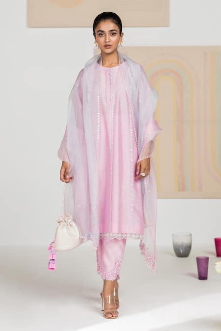 Madzin Purple Organza, Chanderi Floral, Sequin Round Kurta Set