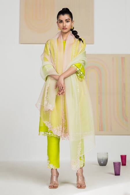 Buy Madzin Green Organza, Chanderi Floral, Sequin Round Kurta Set Online at Aza Fashions Buy_Madzin_Green Organza, Chanderi Floral, Sequin Round Kurta Set _Online_at_Aza_Fashions