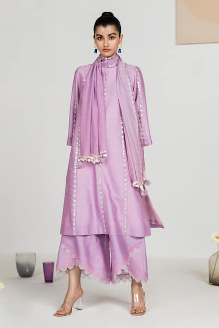 Madzin Purple Organza, Chiffon, Chanderi, Soft Swirl Round Printed Kurta Set
