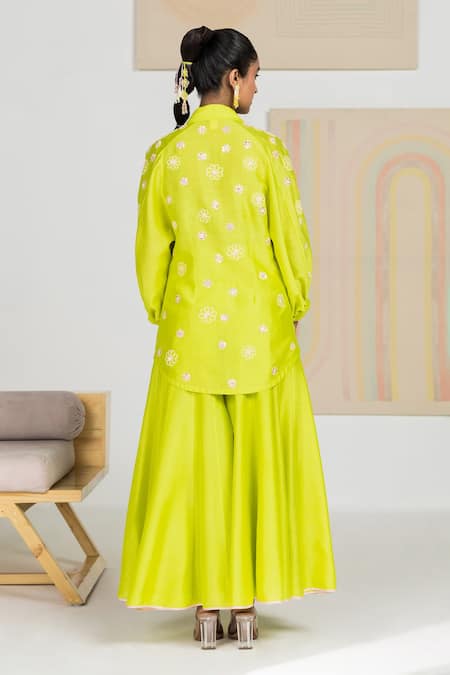 Shop Madzin Green Silk Chanderi Floral, Gota, Sequin Collared Neck Kurta Sharara Set at Aza Fashions Shop_Madzin_Green Silk Chanderi Floral, Gota, Sequin Collared Neck Kurta Sharara Set _at_Aza_Fashions