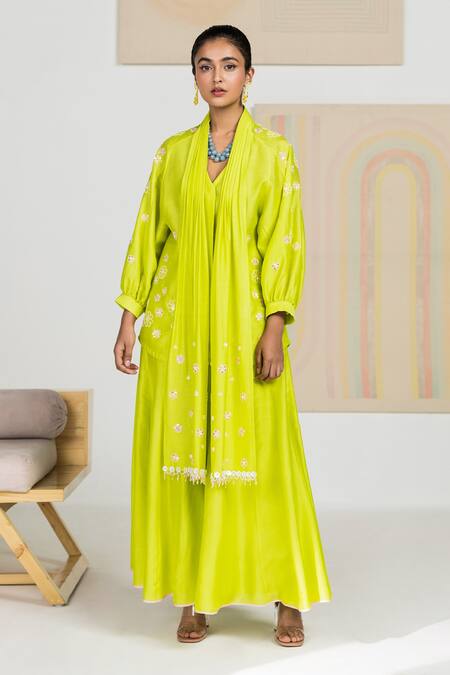 Madzin Green Silk Chanderi Floral, Gota, Sequin Collared Neck Kurta Sharara Set Online at Aza Fashions Madzin_Green Silk Chanderi Floral, Gota, Sequin Collared Neck Kurta Sharara Set _Online_at_Aza_Fashions