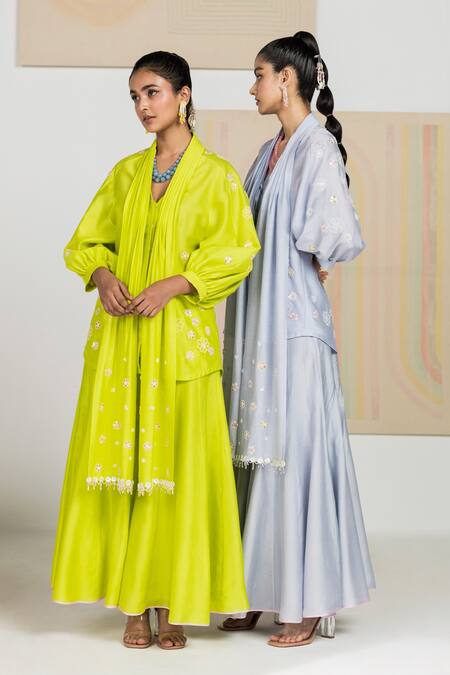 Buy Madzin Green Silk Chanderi Floral, Gota, Sequin Collared Neck Kurta Sharara Set Online at Aza Fashions Buy_Madzin_Green Silk Chanderi Floral, Gota, Sequin Collared Neck Kurta Sharara Set _Online_at_Aza_Fashions