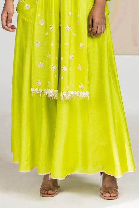 Shop Madzin Green Silk Chanderi Floral, Gota, Sequin Collared Neck Kurta Sharara Set Online at Aza Fashions Shop_Madzin_Green Silk Chanderi Floral, Gota, Sequin Collared Neck Kurta Sharara Set _Online_at_Aza_Fashions