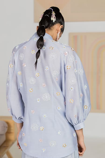 Shop Madzin Blue Silk Chanderi Floral, Gota, Sequin Collared Neck Kurta Sharara Set at Aza Fashions Shop_Madzin_Blue Silk Chanderi Floral, Gota, Sequin Collared Neck Kurta Sharara Set _at_Aza_Fashions