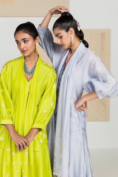 Shop Madzin Blue Silk Chanderi Floral, Gota, Sequin Collared Neck Kurta Sharara Set Online at Aza Fashions Shop_Madzin_Blue Silk Chanderi Floral, Gota, Sequin Collared Neck Kurta Sharara Set _Online_at_Aza_Fashions