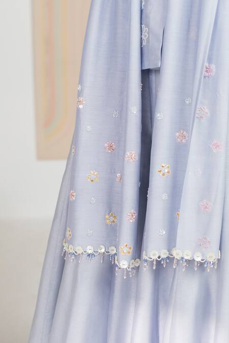 Madzin Blue Silk Chanderi Floral, Gota, Sequin Collared Neck Kurta Sharara Set at Aza Fashions Madzin_Blue Silk Chanderi Floral, Gota, Sequin Collared Neck Kurta Sharara Set _at_Aza_Fashions