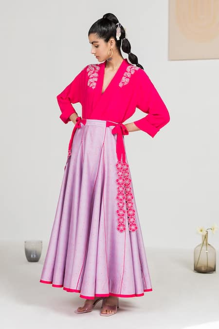 Madzin Purple Crepe, Chanderi Swirl V Neck Printed Lehenga Set