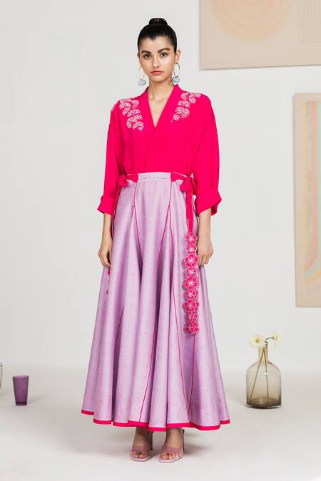 Madzin Purple Crepe, Chanderi Swirl V Neck Printed Lehenga Set Online at Aza Fashions Madzin_Purple Crepe, Chanderi Swirl V Neck Printed Lehenga Set _Online_at_Aza_Fashions