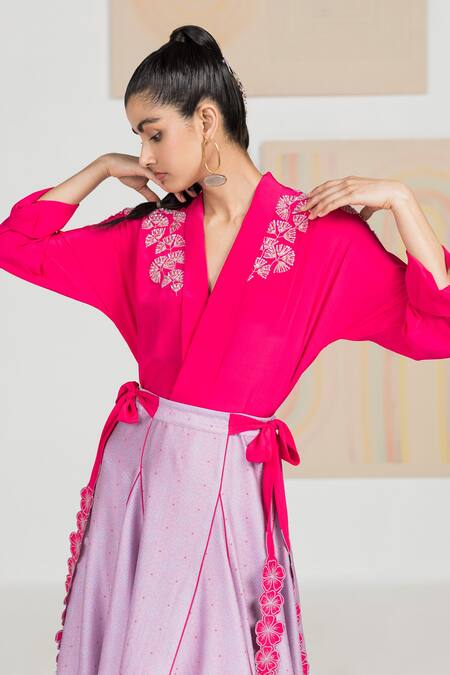 Buy Madzin Purple Crepe, Chanderi Swirl V Neck Printed Lehenga Set Online at Aza Fashions Buy_Madzin_Purple Crepe, Chanderi Swirl V Neck Printed Lehenga Set _Online_at_Aza_Fashions