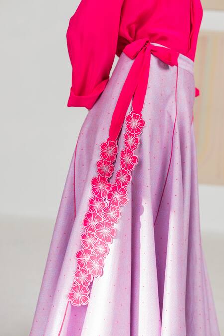 Shop Madzin Purple Crepe, Chanderi Swirl V Neck Printed Lehenga Set Online at Aza Fashions Shop_Madzin_Purple Crepe, Chanderi Swirl V Neck Printed Lehenga Set _Online_at_Aza_Fashions