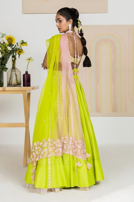 Shop Madzin Green , Chanderi Floral, Gota V Neck Embroidered Lehenga Set at Aza Fashions Shop_Madzin_Green , Chanderi Floral, Gota V Neck Embroidered Lehenga Set _at_Aza_Fashions