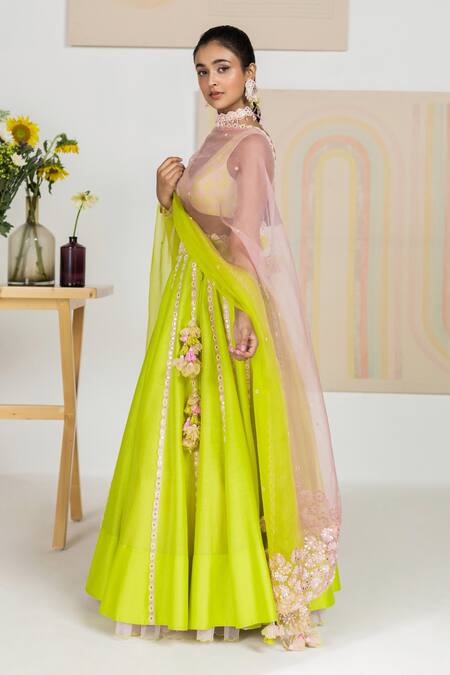 Madzin Green , Chanderi Floral, Gota V Neck Embroidered Lehenga Set Online at Aza Fashions Madzin_Green , Chanderi Floral, Gota V Neck Embroidered Lehenga Set _Online_at_Aza_Fashions